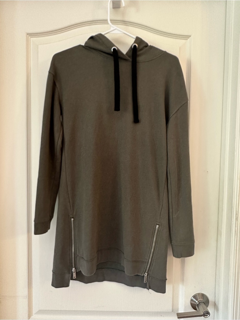 Garage Olive Hoodie Sweatshirt Dress with Black Accents lateral zippers. XS